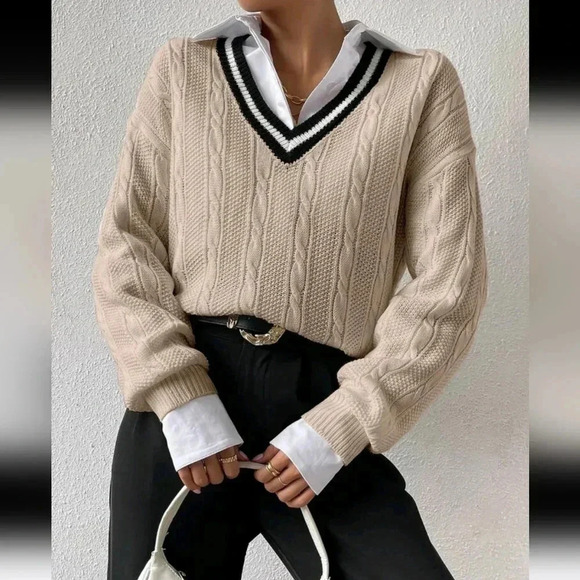 Sweaters - Striped Trim Drop Shoulder Cable Knit Sweater Without Blouse